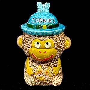 Vintage 50’s kitsch anthropomorphic ceramic monkey shaped cookie jar
